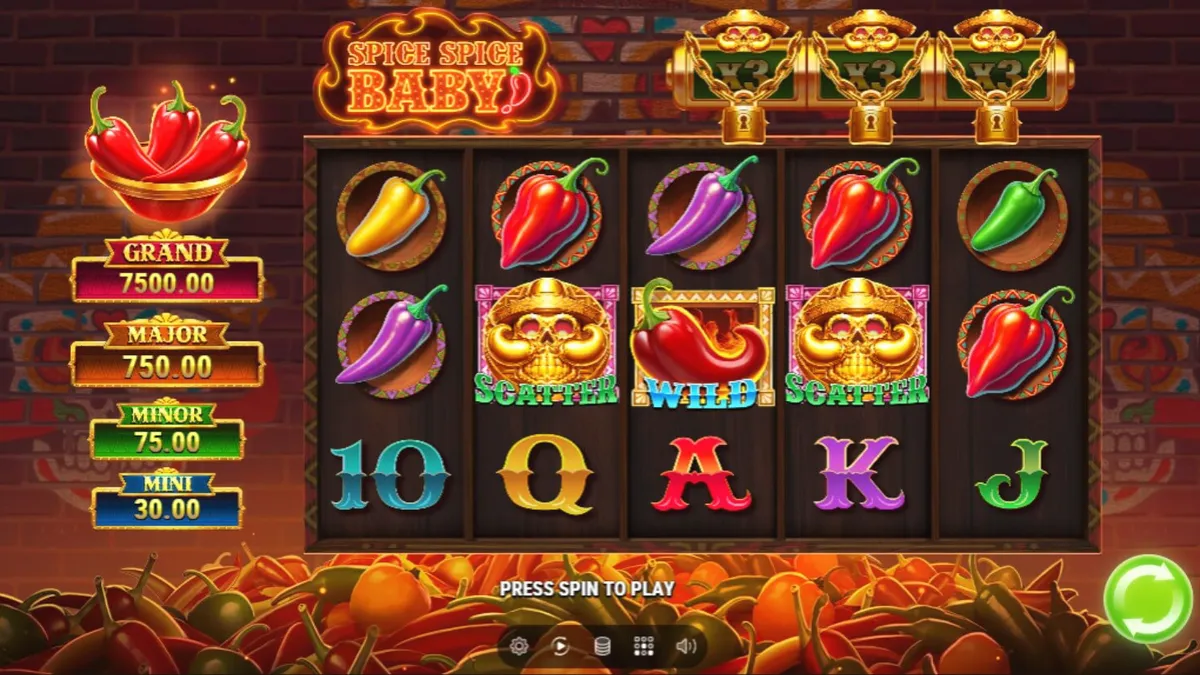 Tampilan visual permainan slot Spice Spice Baby dengan tema cabai Meksiko yang cerah.